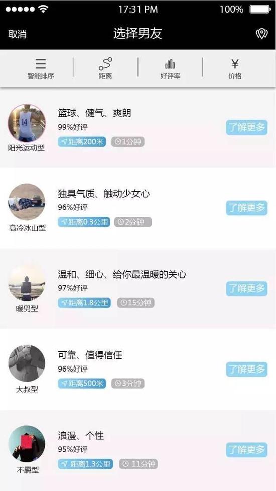 图说：虚构的“共享男友”App应用页面