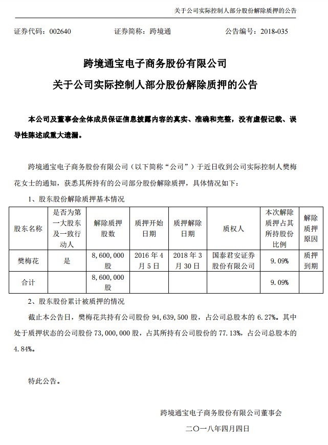 跨境通发布公告：公司实际控制人部分股份解除质押_跨境电商_电商之家