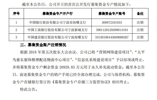 太平鸟注销首次公开发行募集资金专户_零售_电商之家