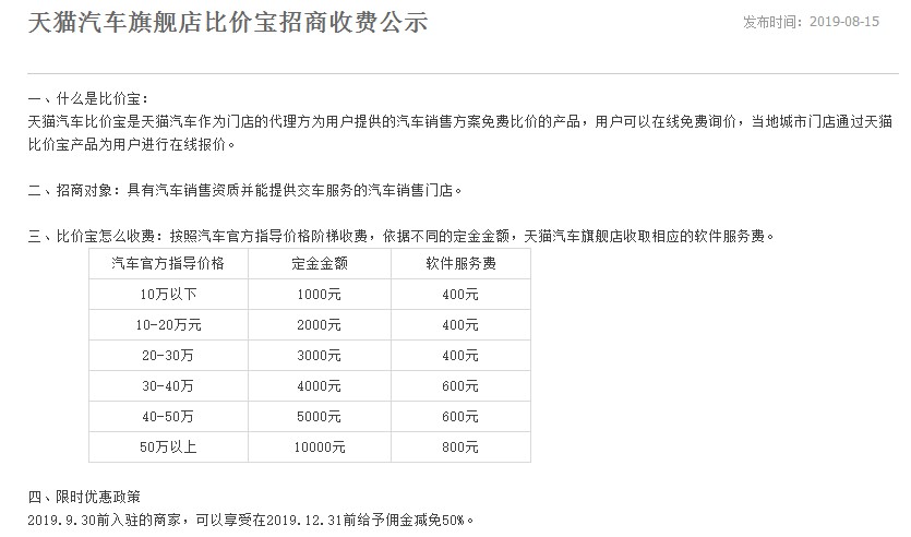 天猫发布汽车旗舰店比价宝招商收费公示_零售_电商之家