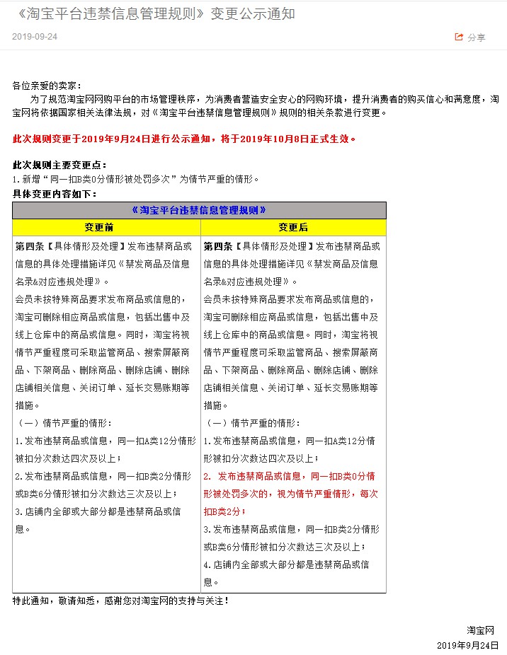 淘宝调整平台违禁信息管理规则 10月8日生效_零售_电商之家