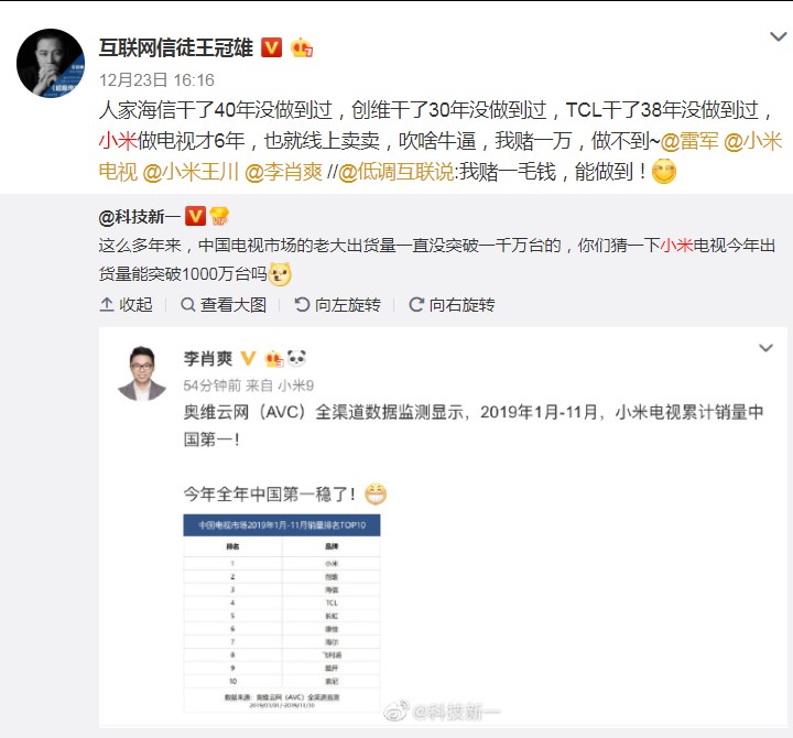 小米蒋聪：小米电视完成2019年中国市场1000万台目标_人物_电商之家
