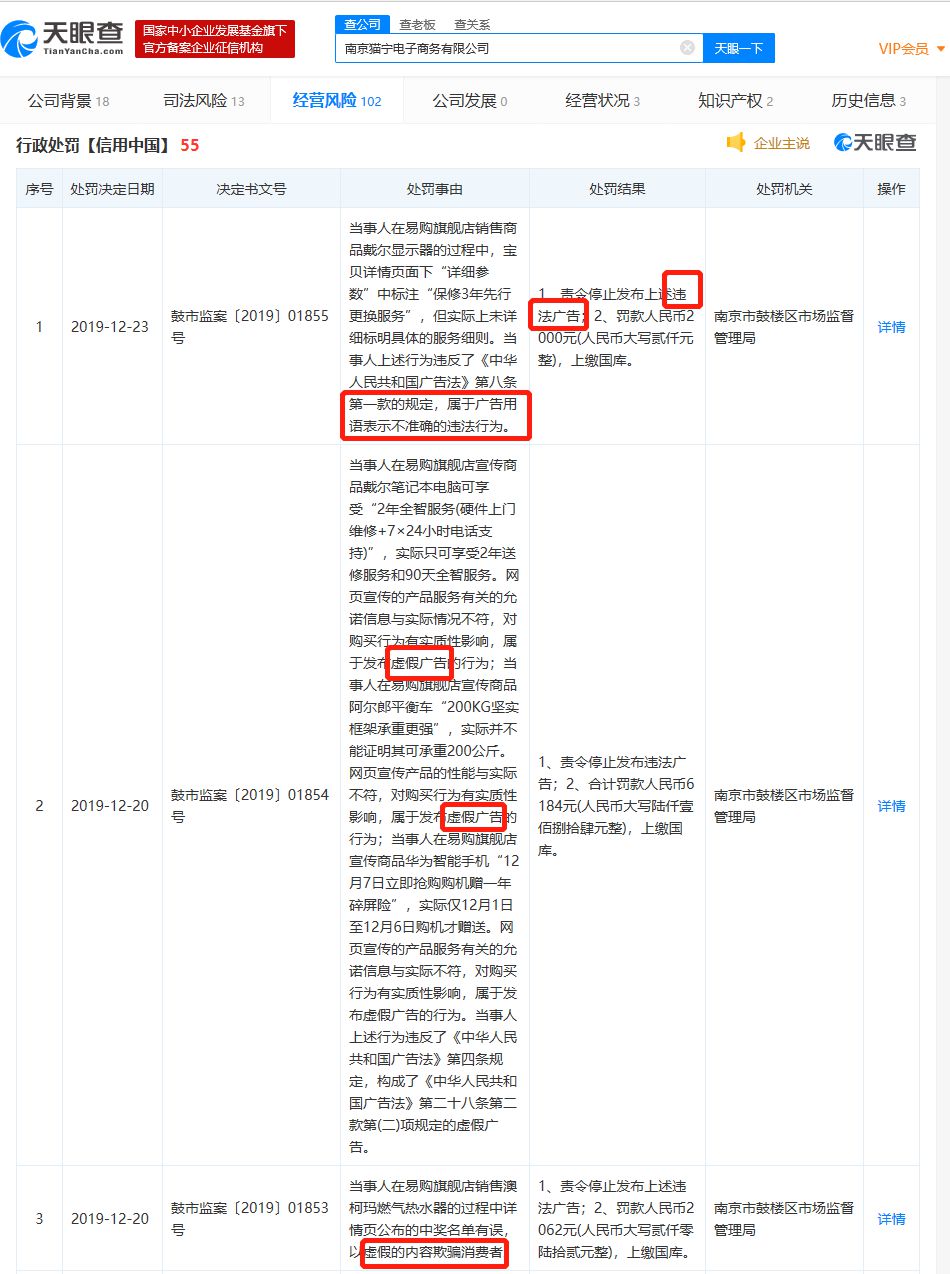 猫宁电商本月新增5条行政处罚 系苏宁和阿里的合资公司_零售_电商之家