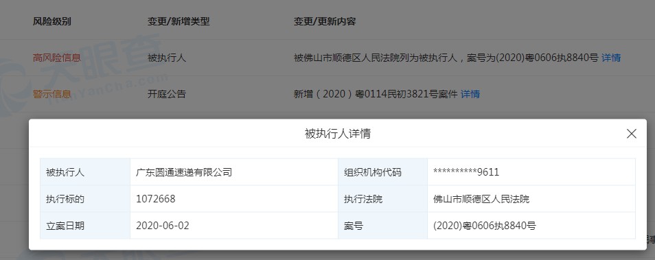 圆通、天天被法院列为被执行人 圆通执行标的超百万_物流_电商之家