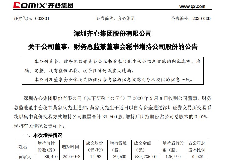 齐心集团：公司董事、财务总监兼董事会秘书增持公司股份_B2B_电商之家