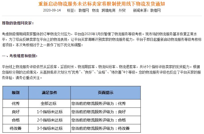 敦煌网重启卖家物流服务等级考核_B2B_电商之家