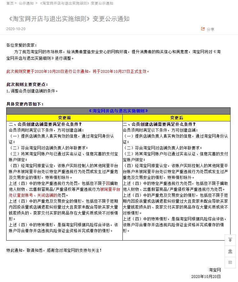 淘宝调整开店与退出实施细则 10月27日生效_零售_电商之家