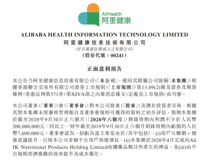 阿里健康：预计上半财年利润不少于2亿元_零售_电商之家