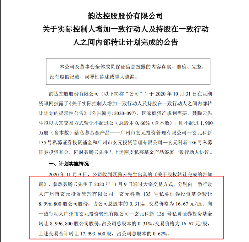 韵达股份：聂腾云向一致行动人转让约1800万股公司股份_物流_电商之家