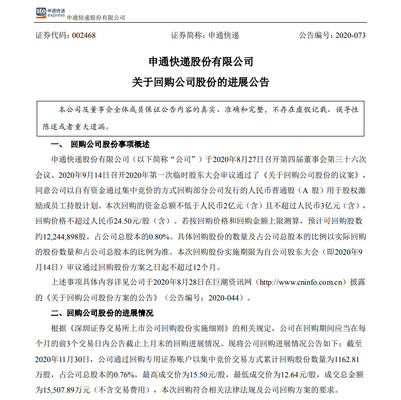 申通快递累计回购1162.81万股 成交总金额1.55亿元_物流_电商之家