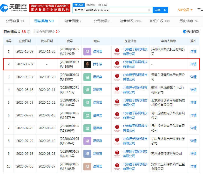 罗永浩新增一则被限制消费信息_人物_电商之家