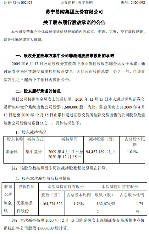 苏宁易购：股东减持达到公司股份总数百分之一_零售_电商之家