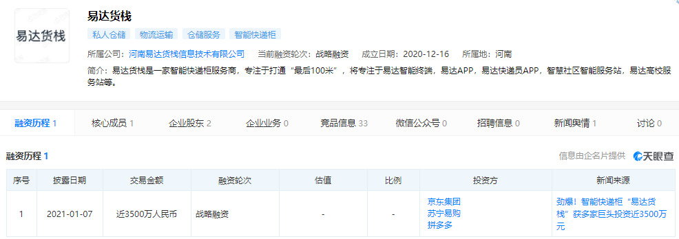 智能快递柜服务商易达货栈获3500万元战略融资 京东等参投_物流_电商之家